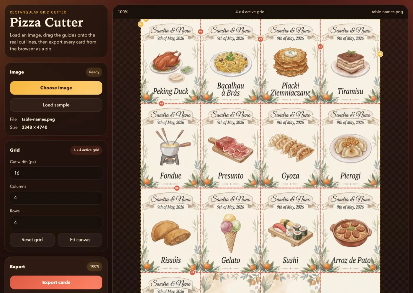 Pizza Cutter splitting a sheet of illustrated food cards along draggable guides.