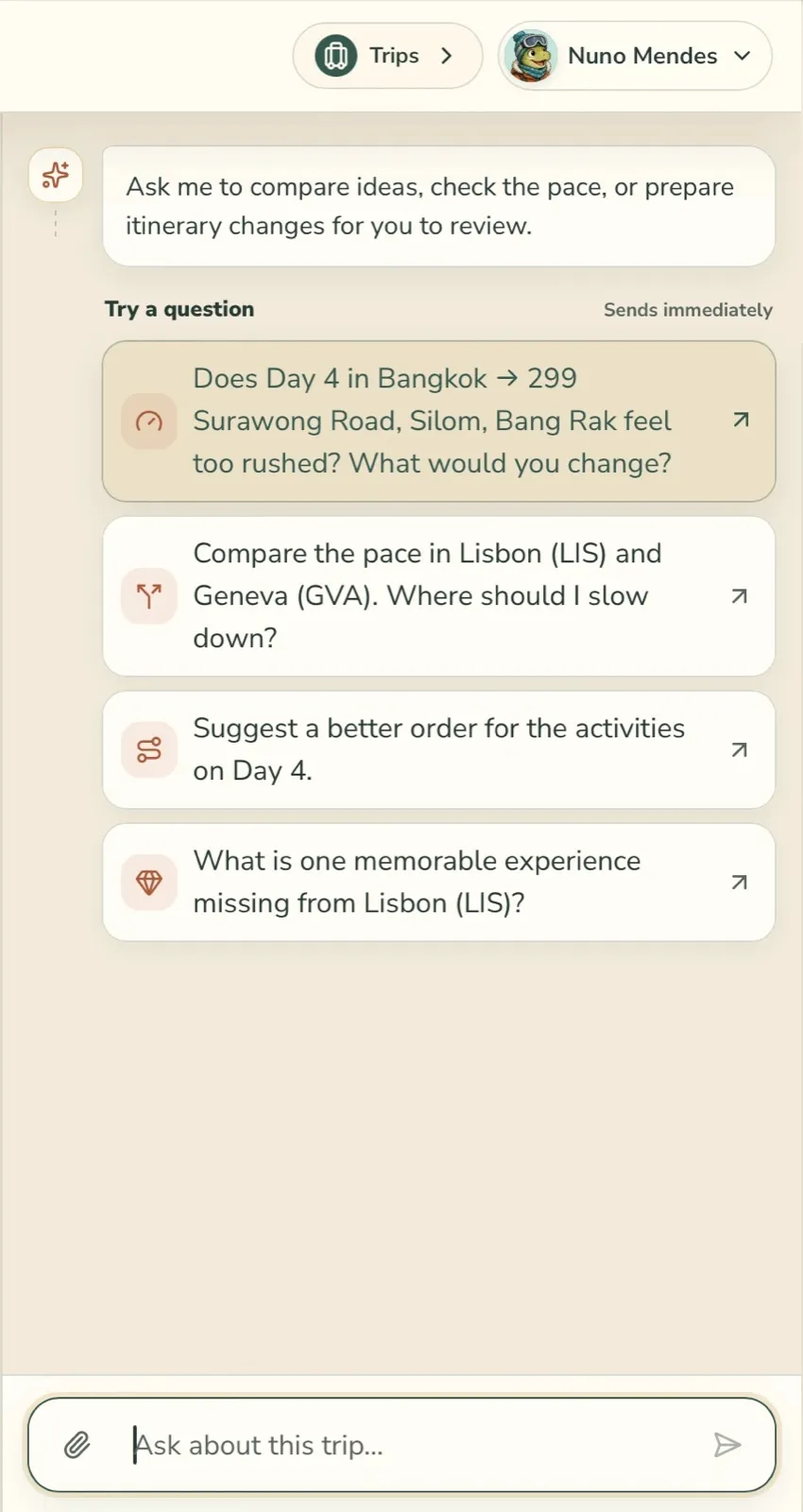 Rota’s trip assistant on a narrow screen, suggesting questions about the itinerary.