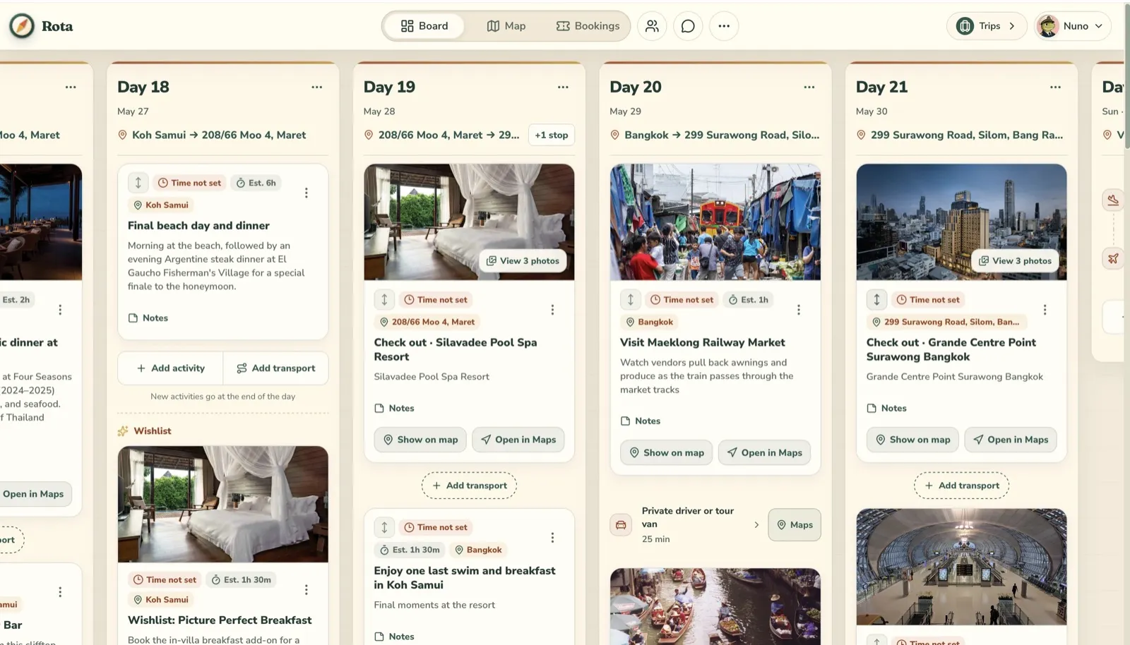 Rota’s trip board, with day columns of places, photos and activities.