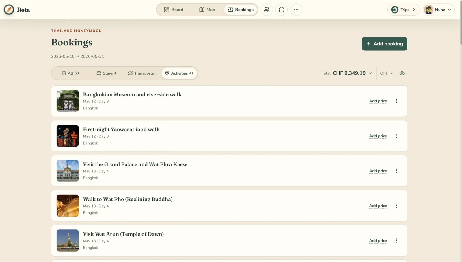 Rota’s bookings view listing a trip’s activities with dates and places.