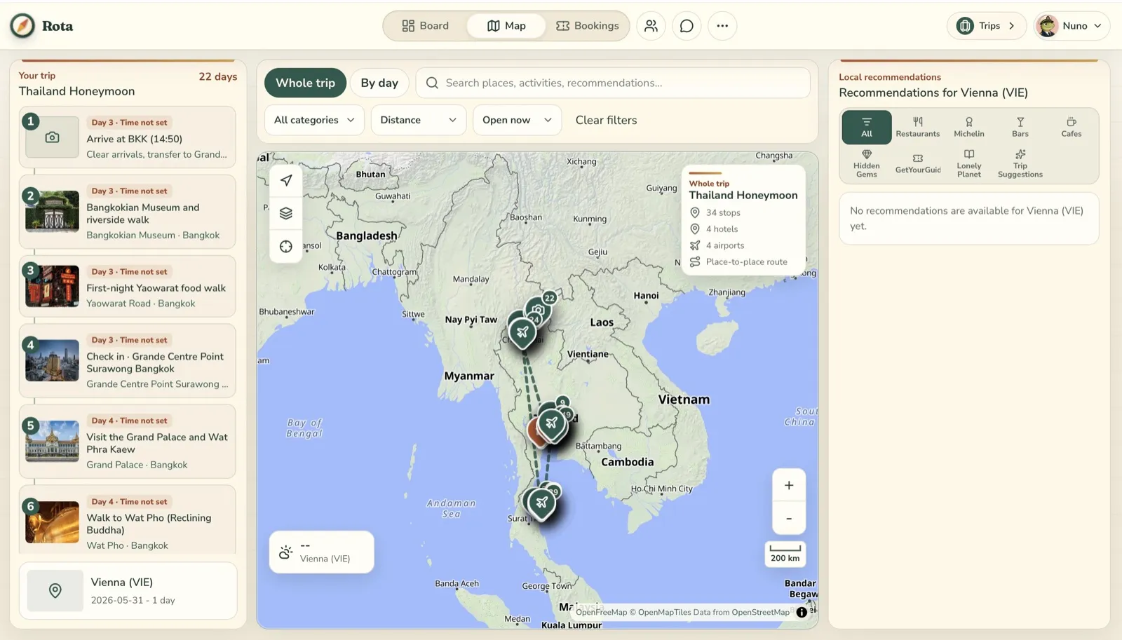 Rota’s map view of a trip through Thailand beside a list of stops.