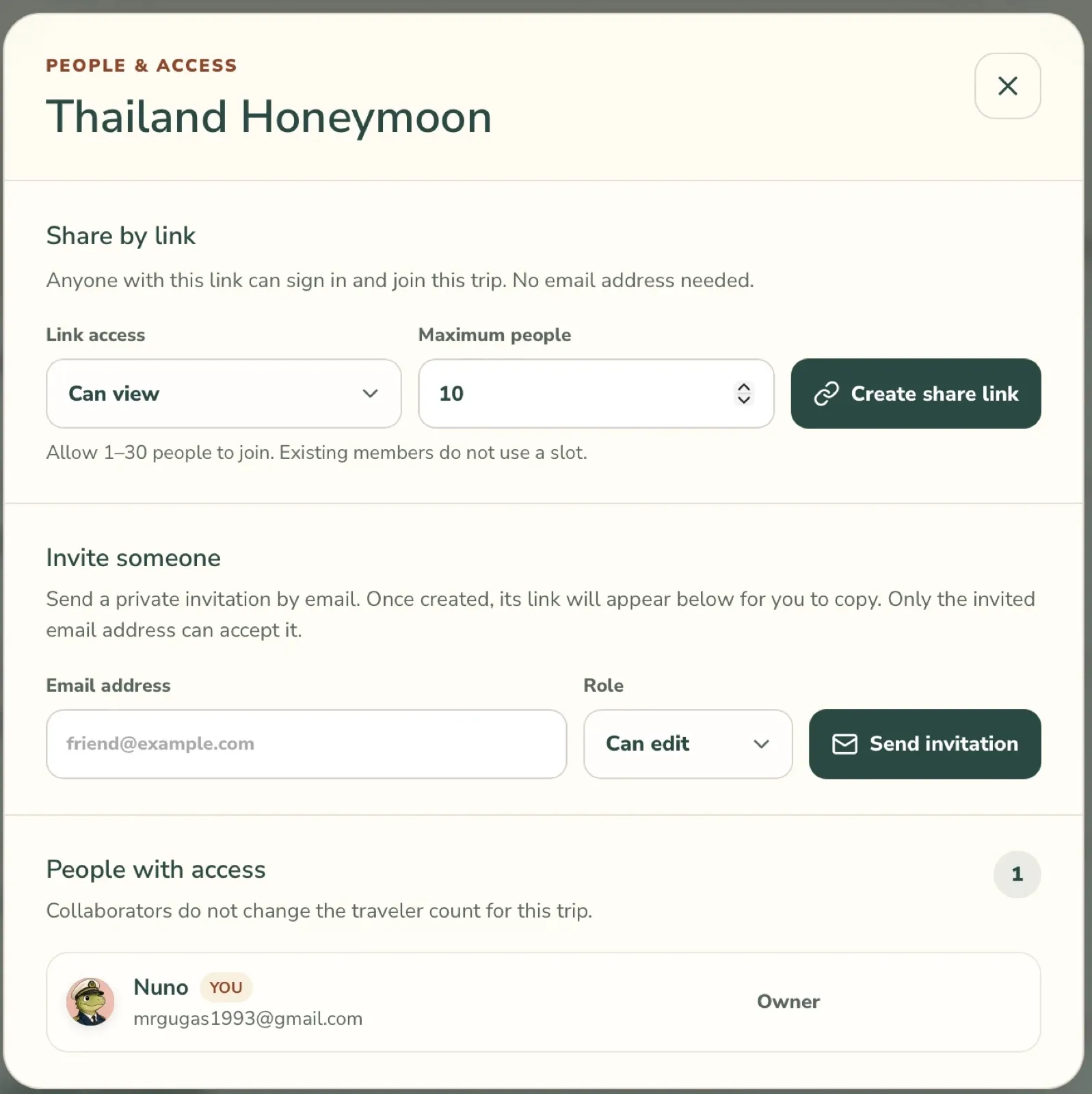 Rota’s sharing panel for inviting people to a trip by link or email.