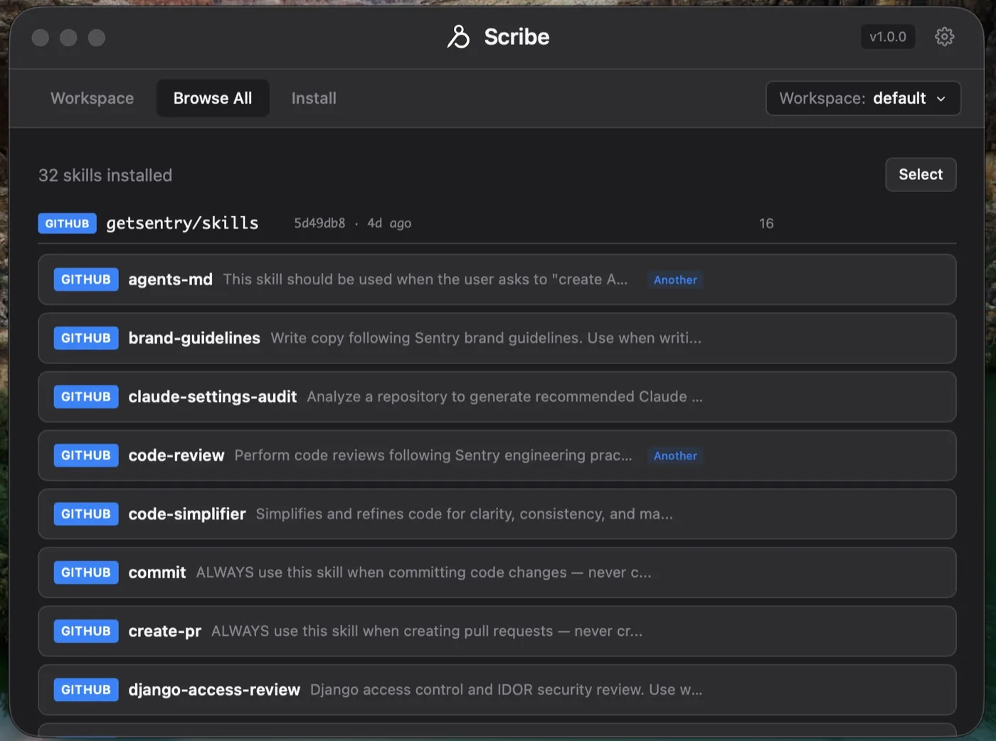 Scribe’s macOS window listing installed skills.