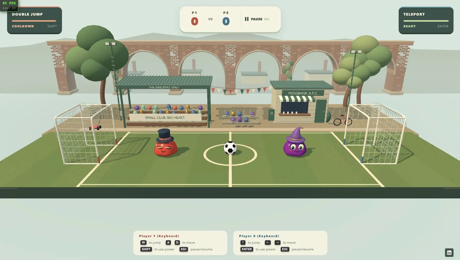 A Slime Ball match on a low-poly 3D pitch with two slime characters and a ball.