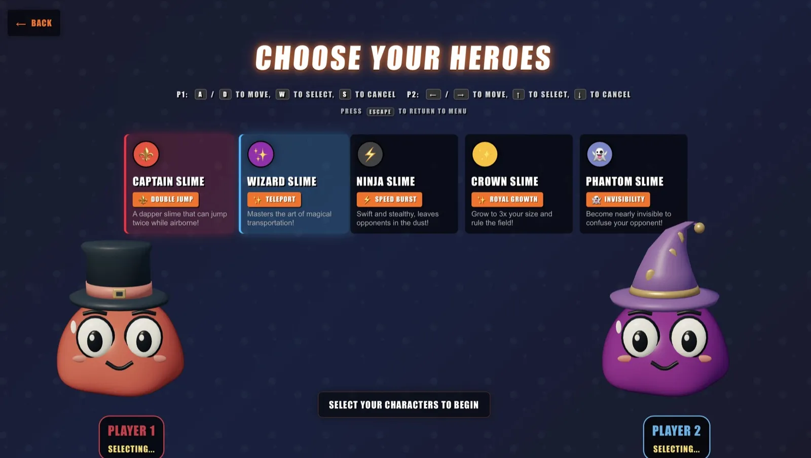 Slime Ball’s character select screen with five slime heroes.